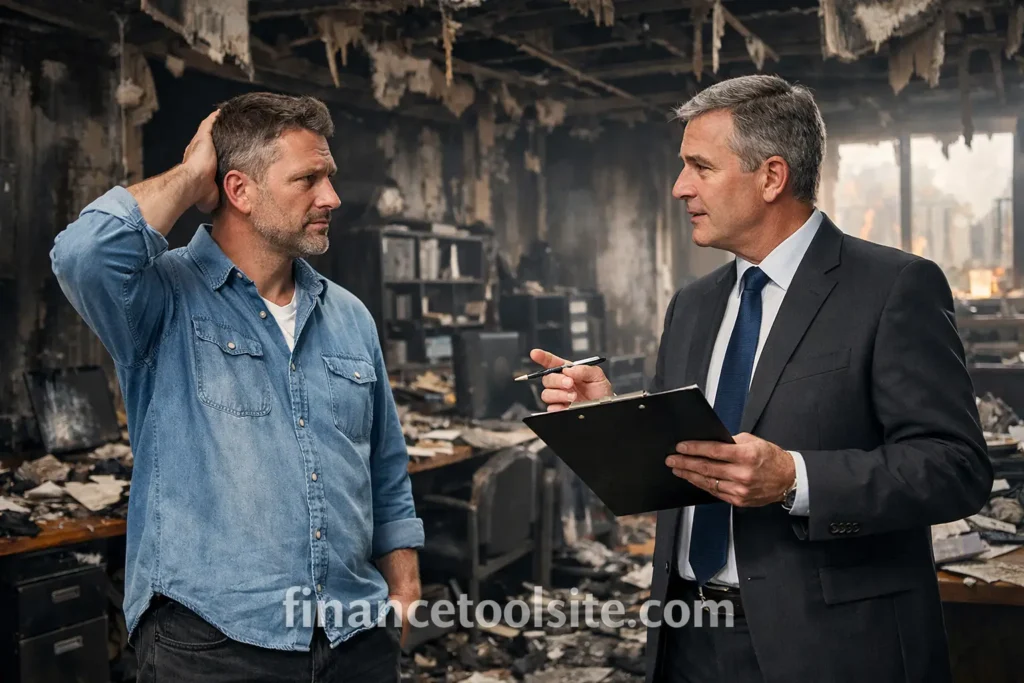 Fire-damaged office assessment in progress