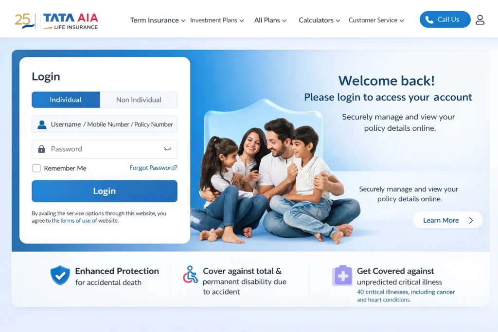 Tata AIA life insurance premium payment online login page