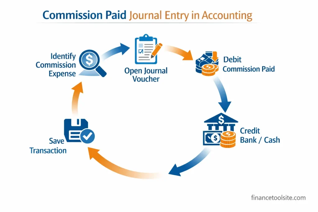 Circular flowchart explaining commission paid journal entry debit and credit process
