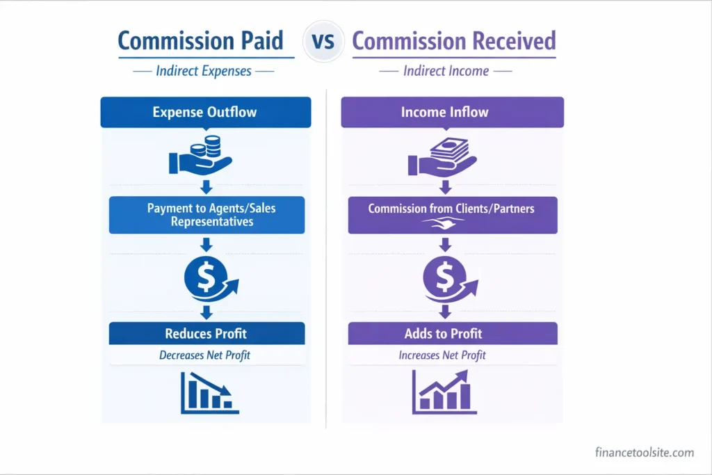 Comparison infographic of commission paid under indirect expenses and commission received under indirect income