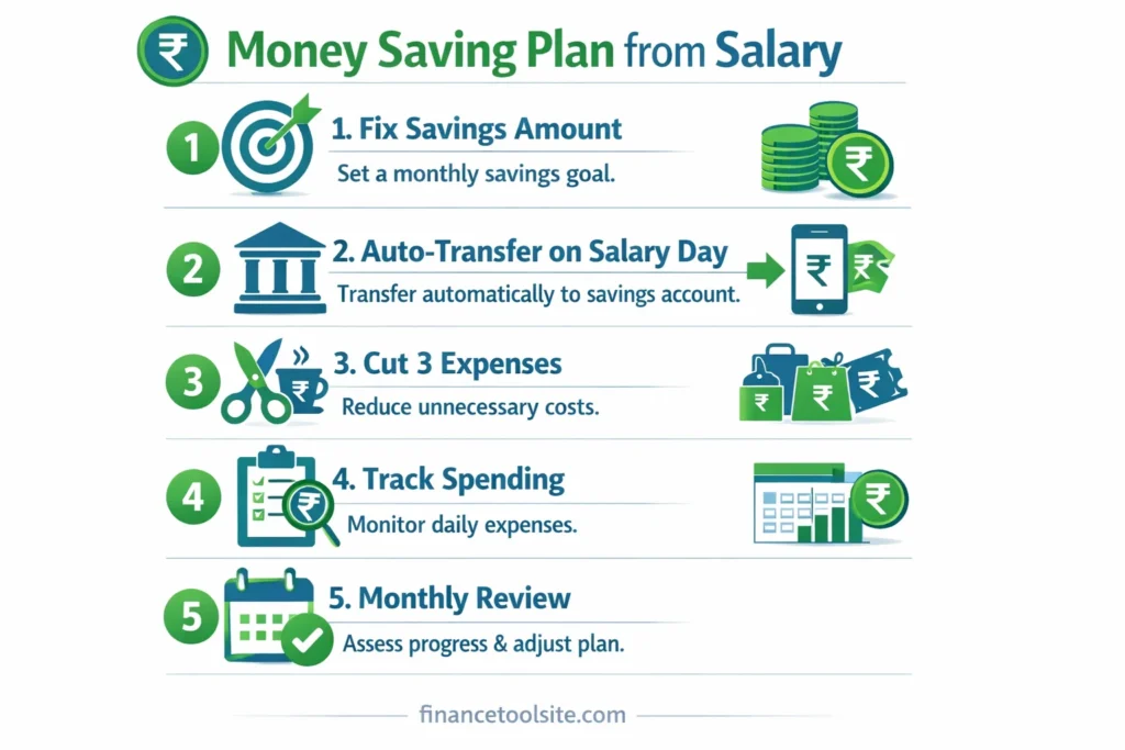 step by step plan to save money from salary every month in india with practical actions
