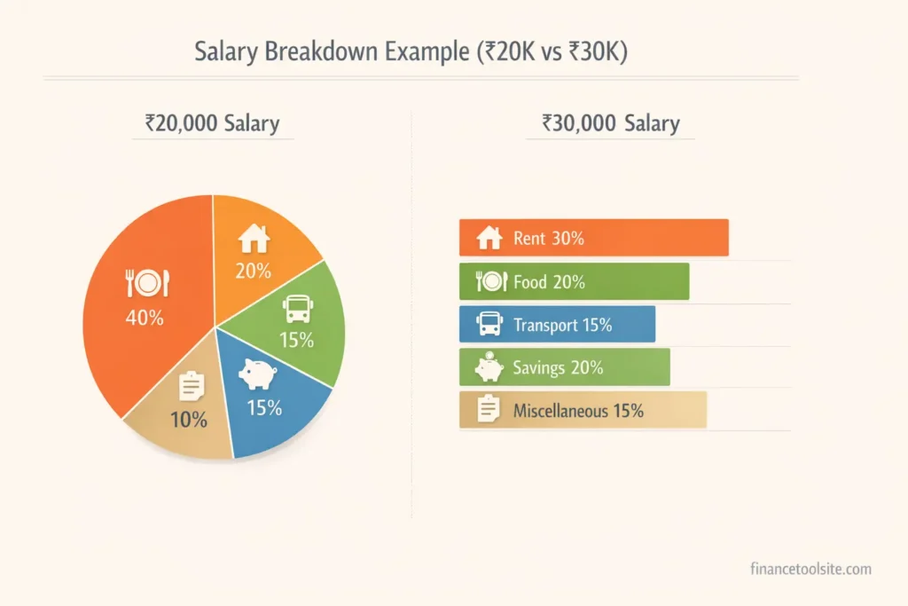 salary breakdown comparison for 20000 and 30000 showing expenses and savings in India