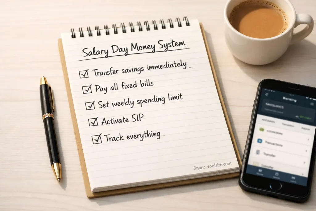salary day checklist showing how to save money from salary using a simple step by step system