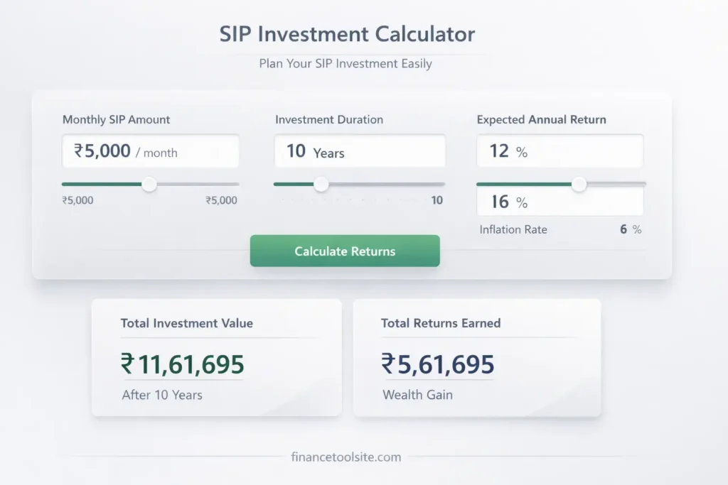 sip investment calculator india showing monthly investment 5000 returns with inflation financetoolsite