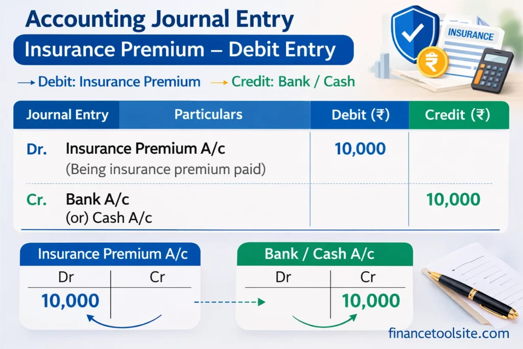 Accounting journal entry diagram showing Insurance Premium debit entry
