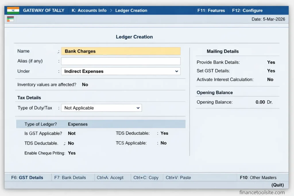 bank charges under which head in tally