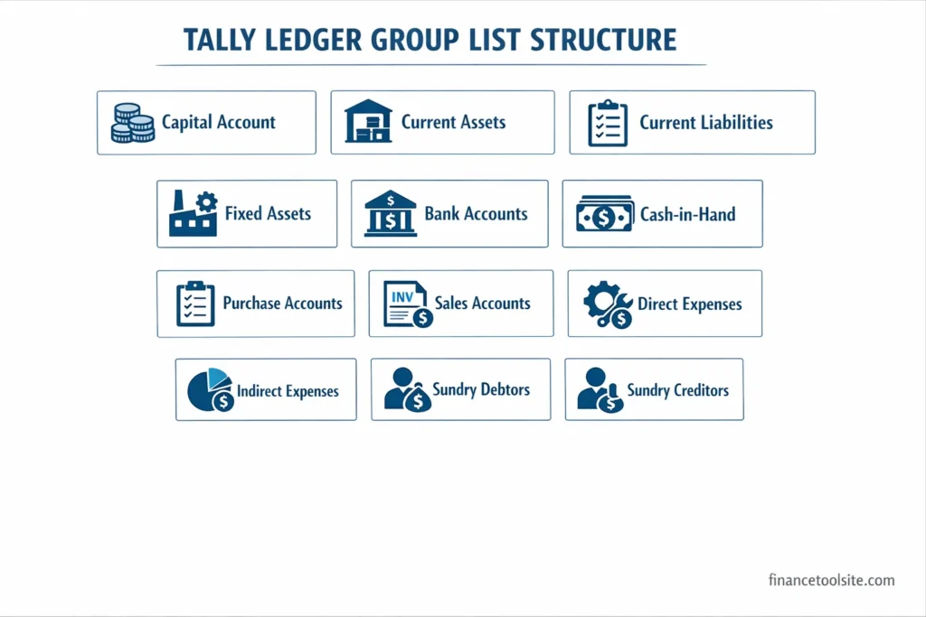 complete tally ledger group list chart showing capital account current assets liabilities and expenses groups
