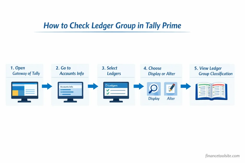 step by step process to check ledger group in tally prime gateway accounts info ledger display