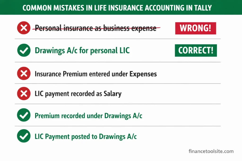 Common mistakes in life insurance accounting in Tally showing personal insurance recorded as business expense and correct drawings entry