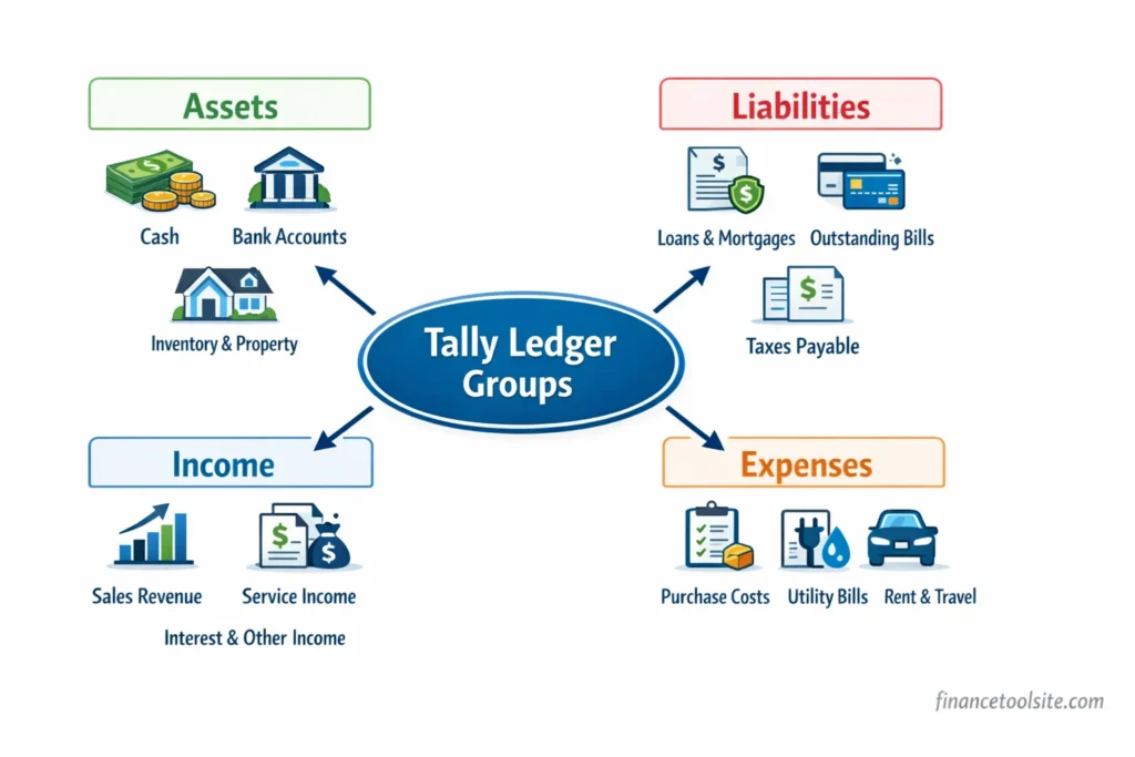 tally ledger group classification showing assets liabilities income and expenses in tally prime