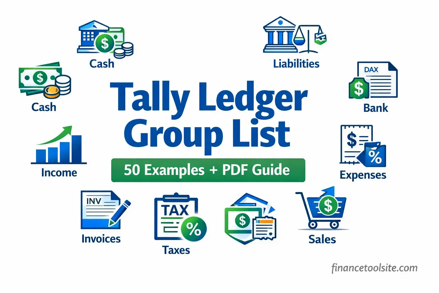 tally ledger group list infographic showing assets liabilities income and expenses groups